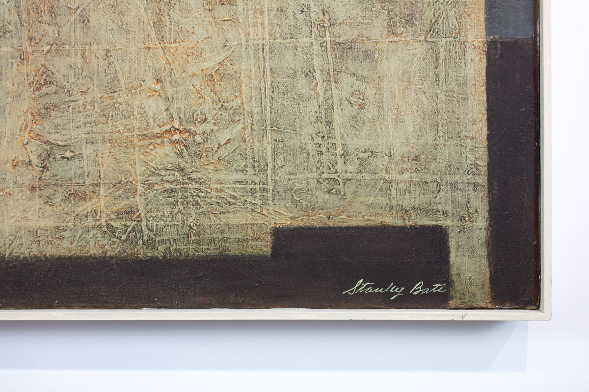 A detailed close-up image of a textured modern abstract painting by Stanley Bate, showing the bottom right corner of the painting and white frame, displaying  the artist's signature. 