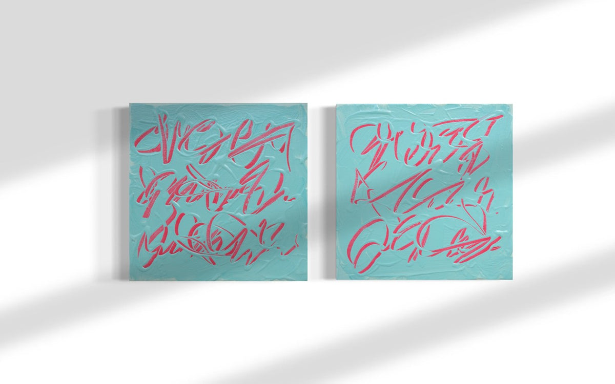 Two square abstract paintings with textured turquoise backgrounds and pink scribbled line patterns, displayed side by side on a white wall with soft diagonal shadows.