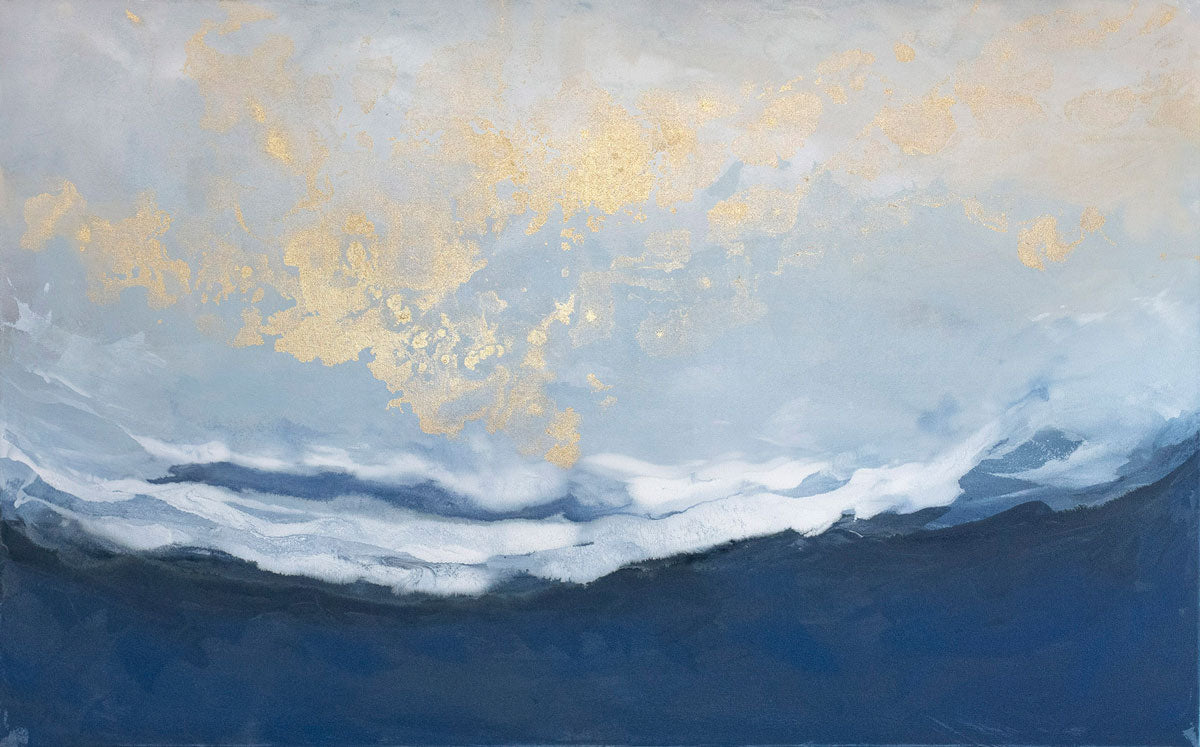 An abstract blue, white, and gold painting by Julia Contacessi. 
