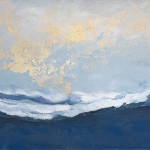 An abstract blue, white, and gold painting by Julia Contacessi. 