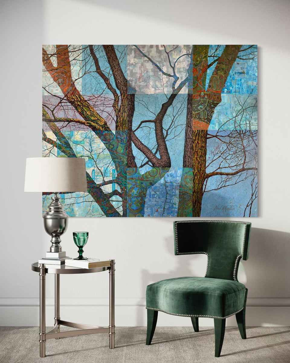 Room interior with a large abstract painting of trees, a green chair, and a side table with a lamp and glass.
