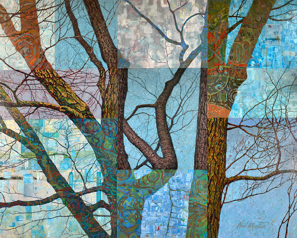 An original oil painting painting on wood and metal depicting trees with a patchwork of colors.