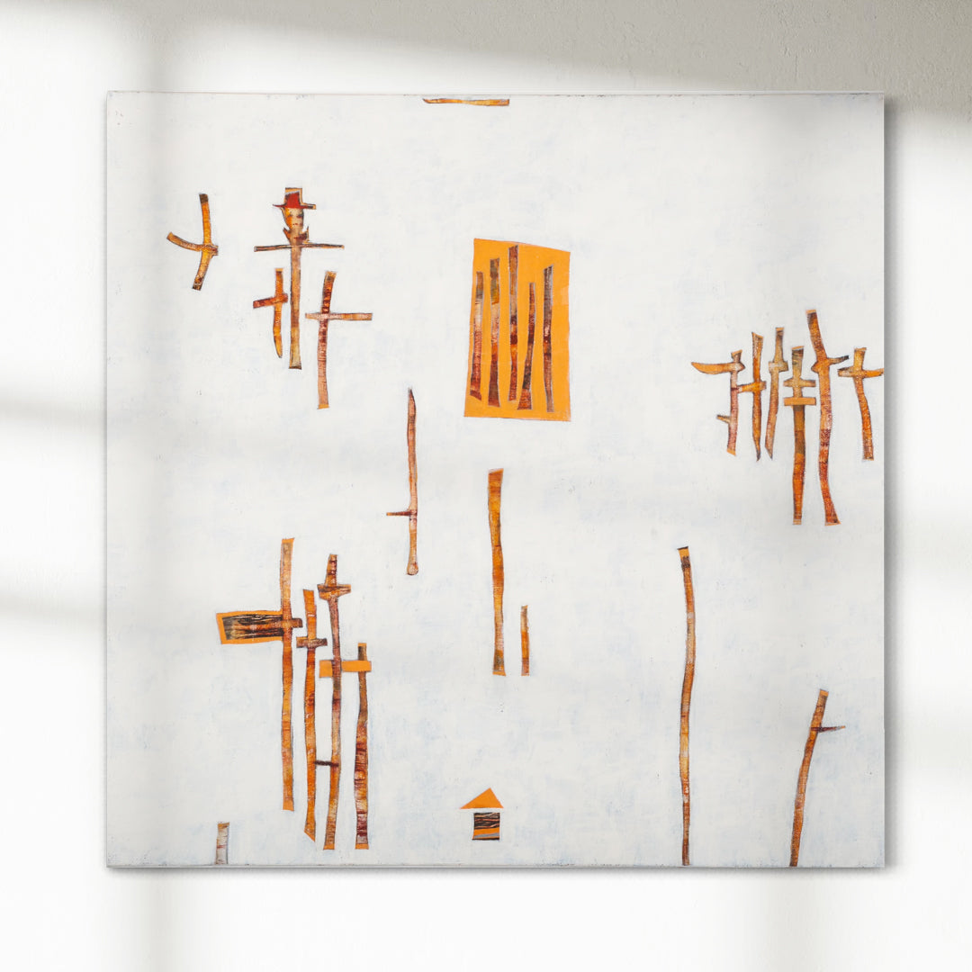 Original abstract painting with white and gray patterns on a white background