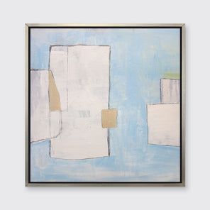 A blue, white and beige abstract print in a silver floater frame hangs on a white wall.