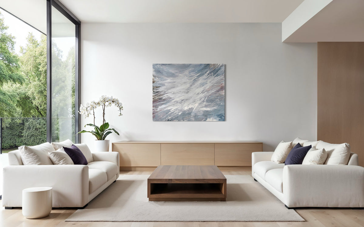 Modern living room with white sofas, a wooden coffee table, and original Teo Guererra abstract painting on the wall.