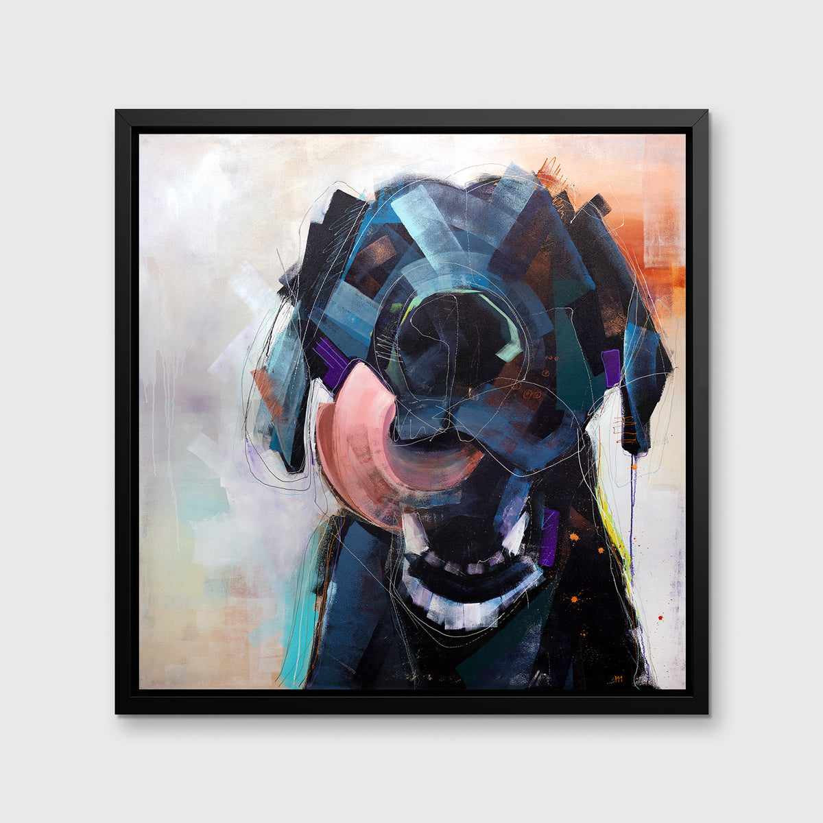 A dark blue, black, purple and copper abstract dog print in a black floater frame hangs on a white wall.