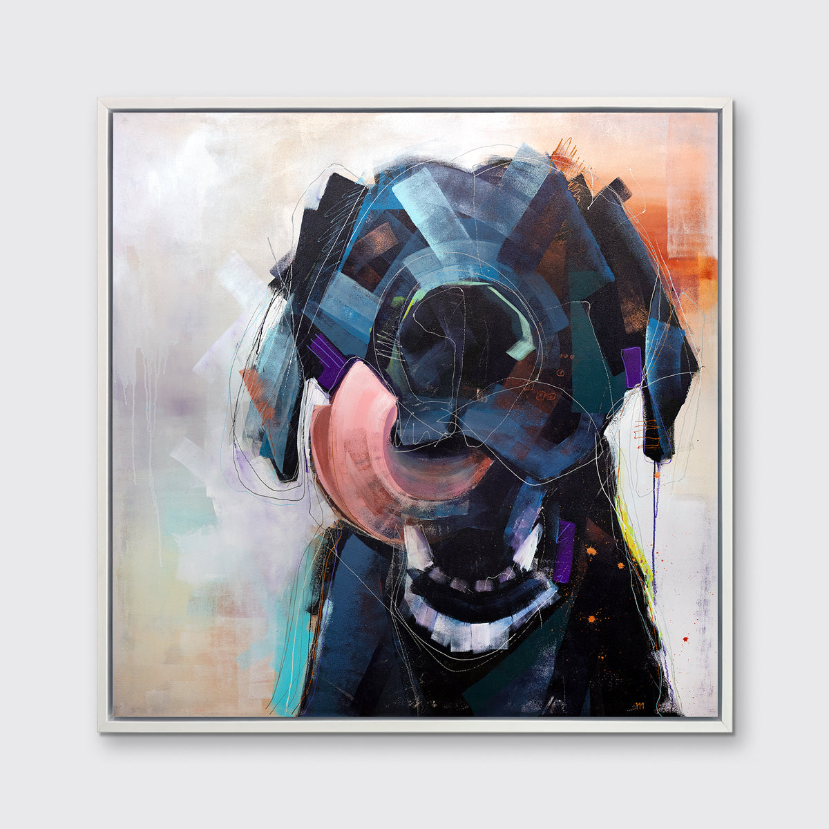 A dark blue, black, purple and copper abstract dog print in a white floater frame hangs on a white wall.
