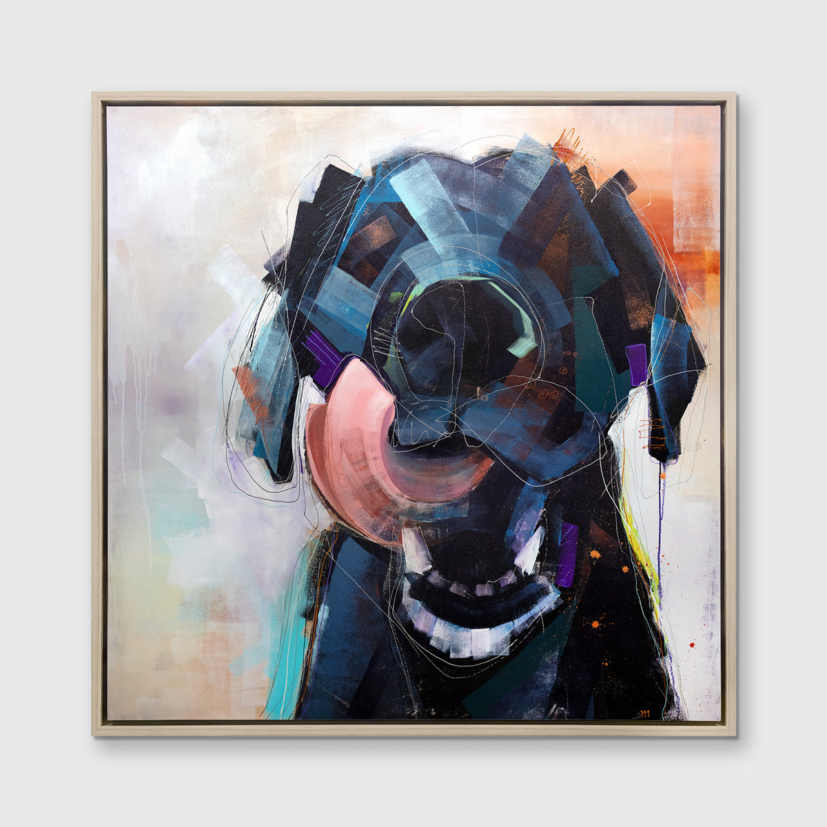 A dark blue, black, purple and copper abstract dog print in a white oak wood floater frame hangs on a white wall.