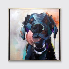 A dark blue, black, purple and copper abstract dog print in a silver floater frame hangs on a white wall.