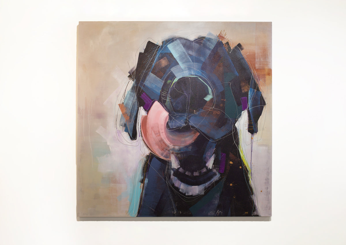 A painting of an abstracted black dog with an open mouth and tongue curled out by Russell Miyaki hangs on a white wall.