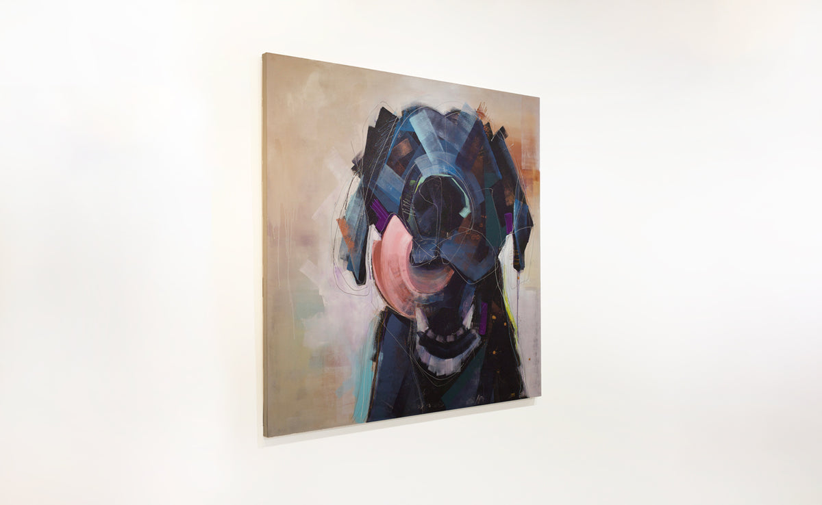A side view of a painting of an abstracted black dog with an open mouth and tongue curled out by Russell Miyaki hangs on a white wall.