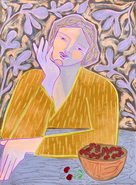 A painting of an abstracted woman in a yellow shirt with a bowl of cherries sitting on a table in front of her. 
