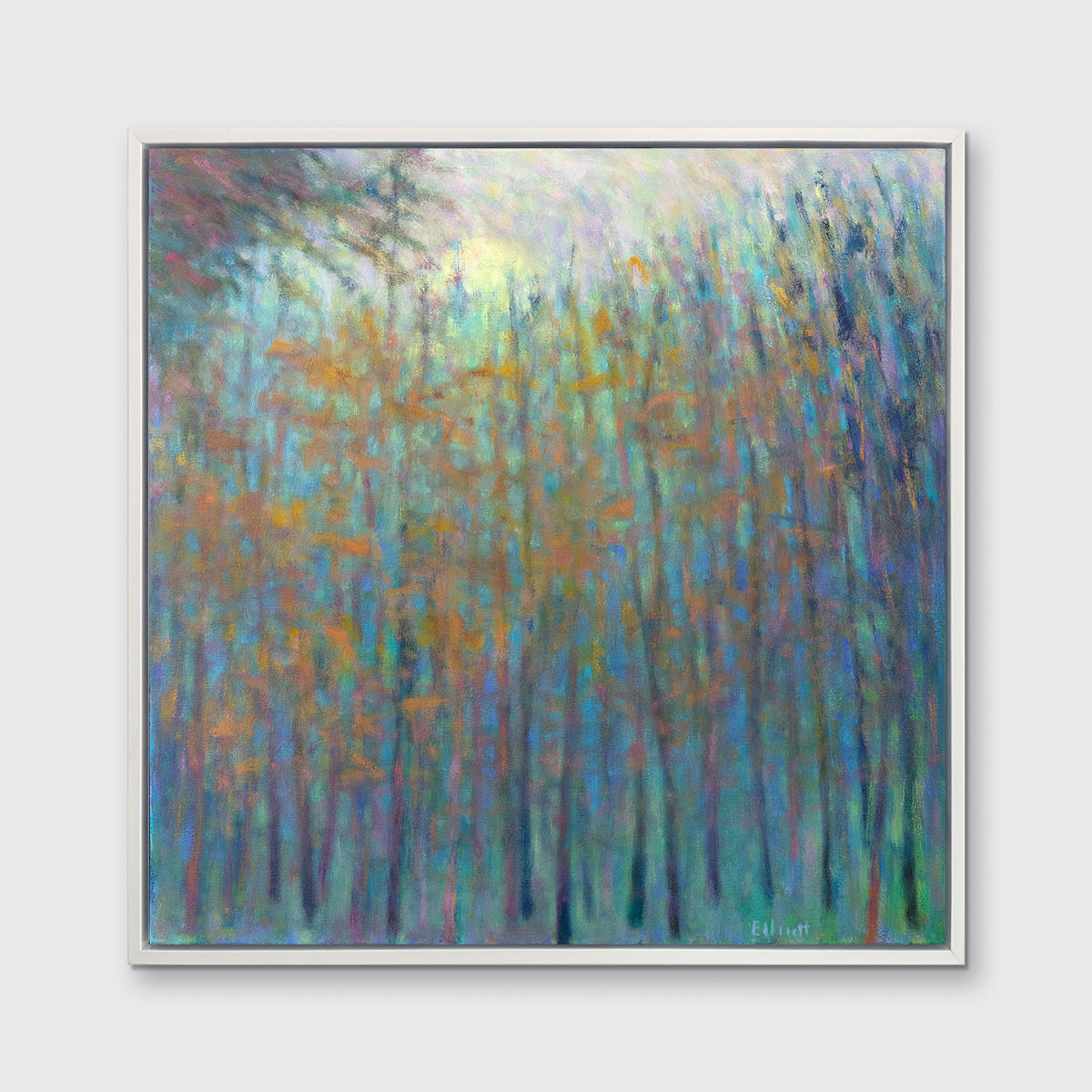 An impressionist landscape print in a white floater frame hangs on a white wall.