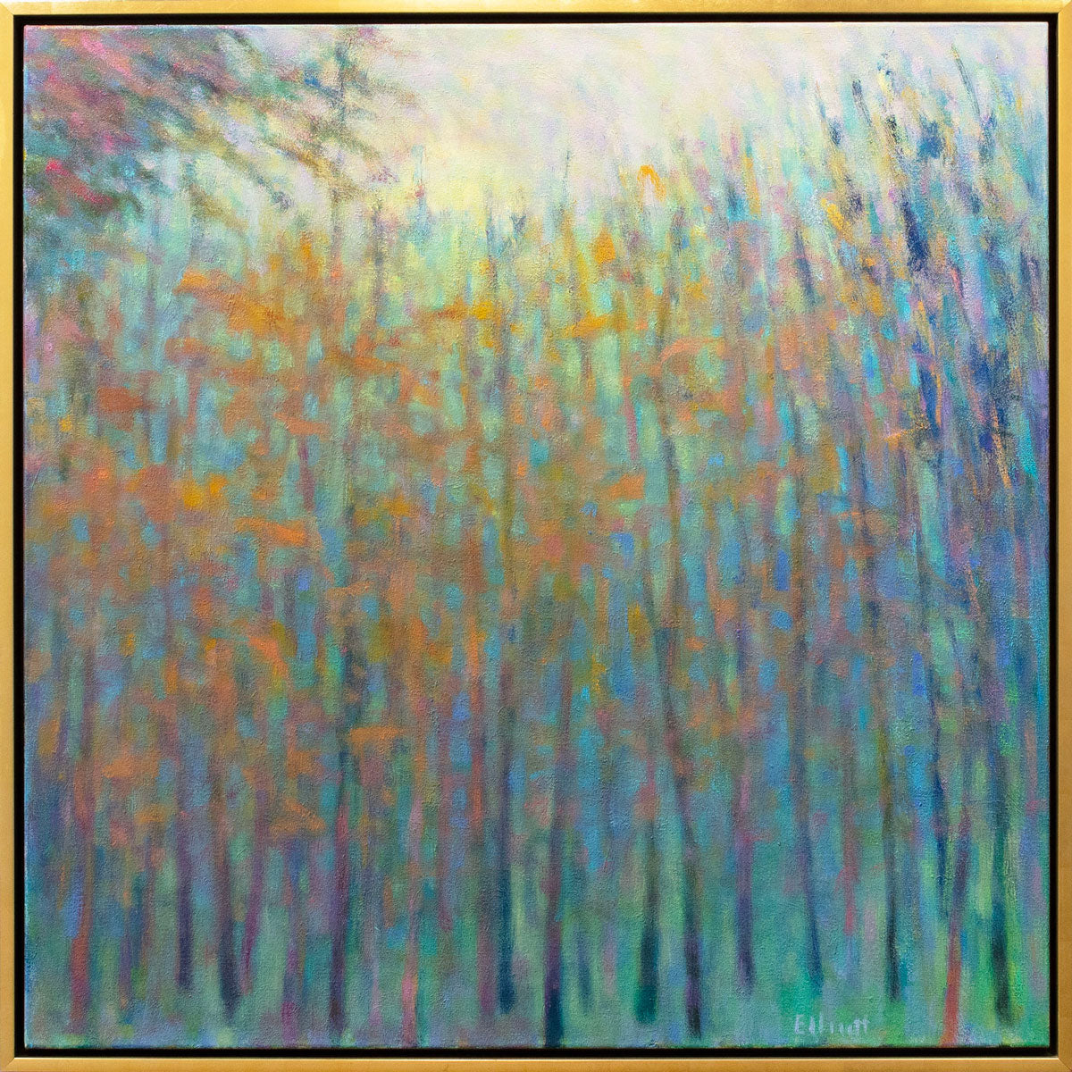 A colorful abstracted landscape painting framed in a gold frame.