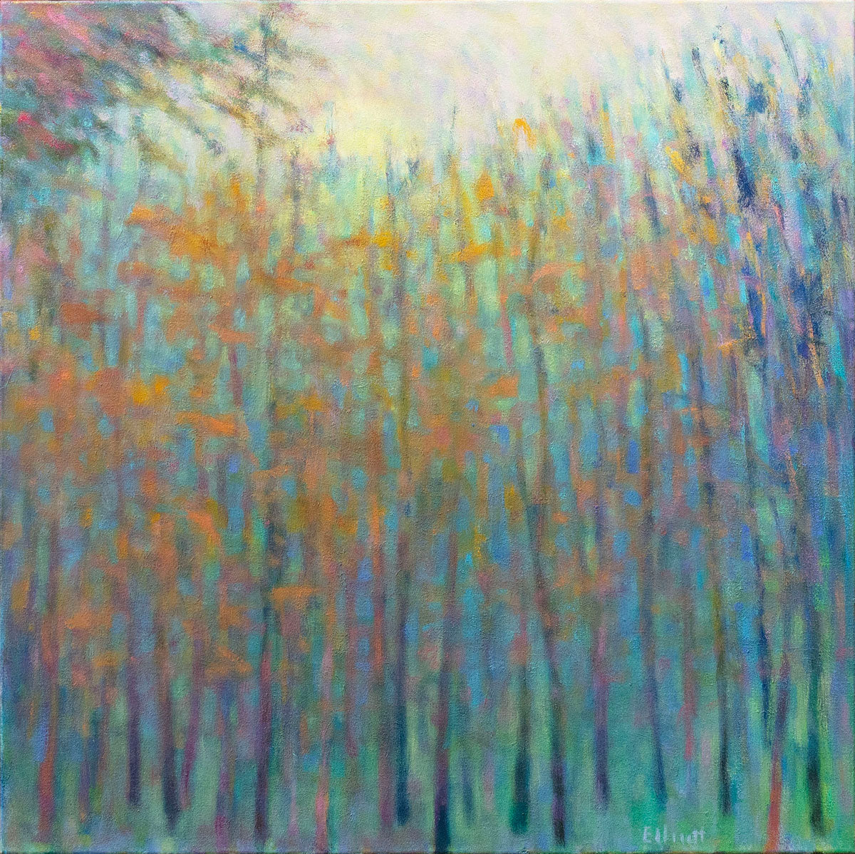 A blue, orange, and green abstracted landscape painting by Ken Elliott. 