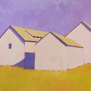 A purple and yellow rural landscape painting of barns by Carol Young. 