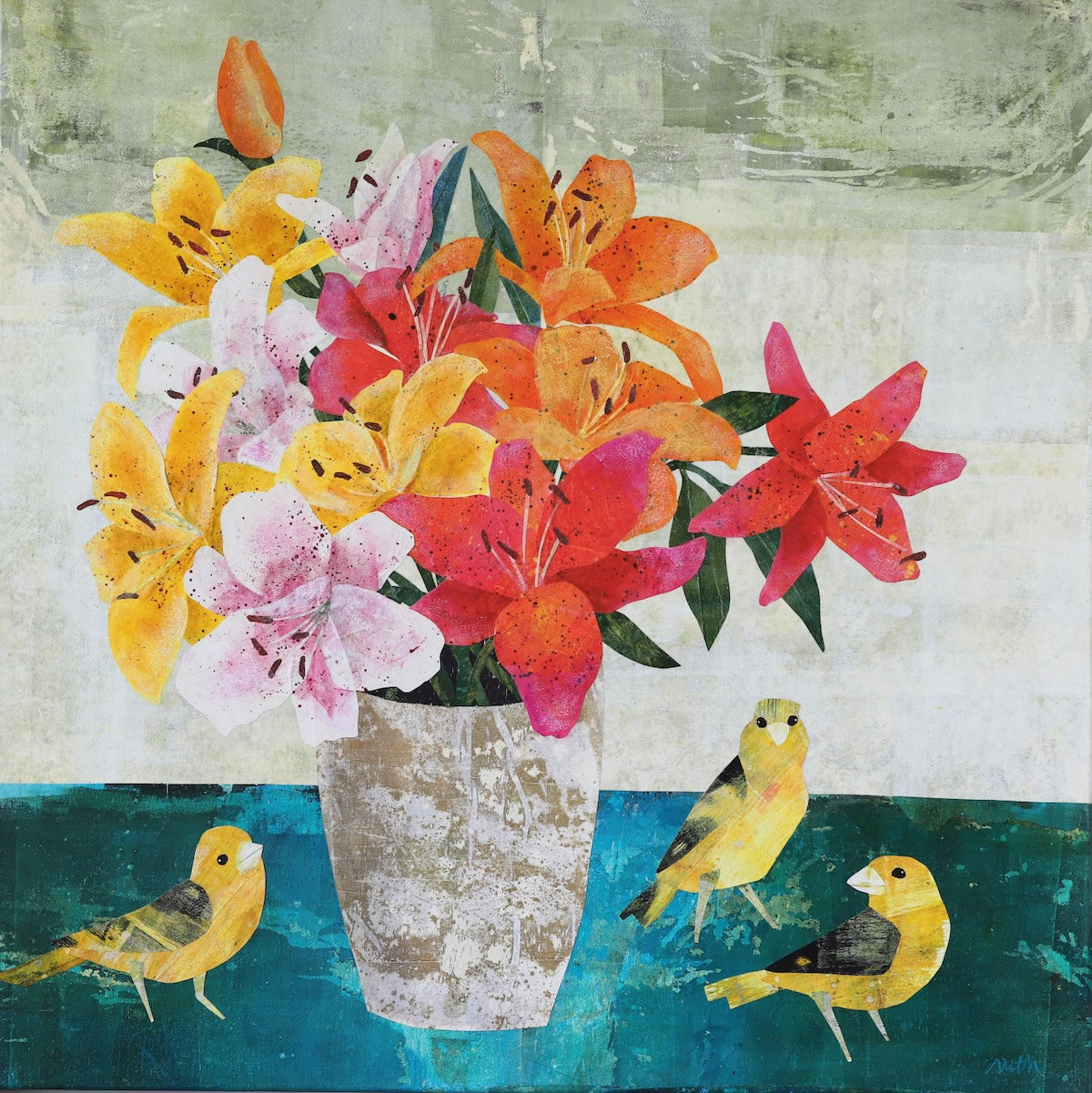 A colorful mixed-media painting of a floral bouquet of lilies in a textured vase, with three yellow birds on a teal surface below, set against a split cream and green background.