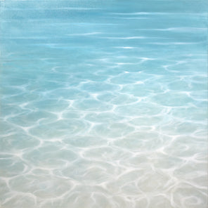 A light turquoise and blue coastal painting of light glistening over the surface of water by Laura Browning.