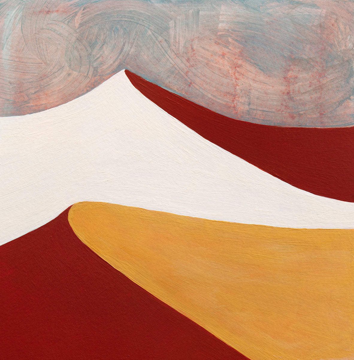 A dark red, white, dark yellow and teal abstract landscape print.