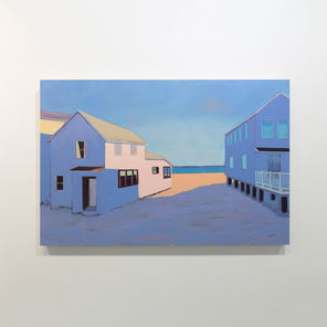 A purple contemporary landscape painting is hung on a gallery wall.