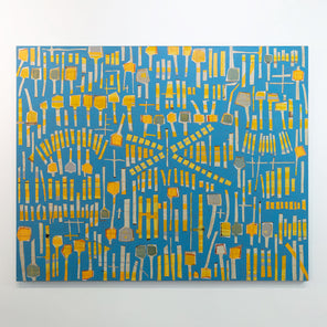 An abstract panting of yellow sticks and "lollipops" on a blue background is hung on a gallery wall.