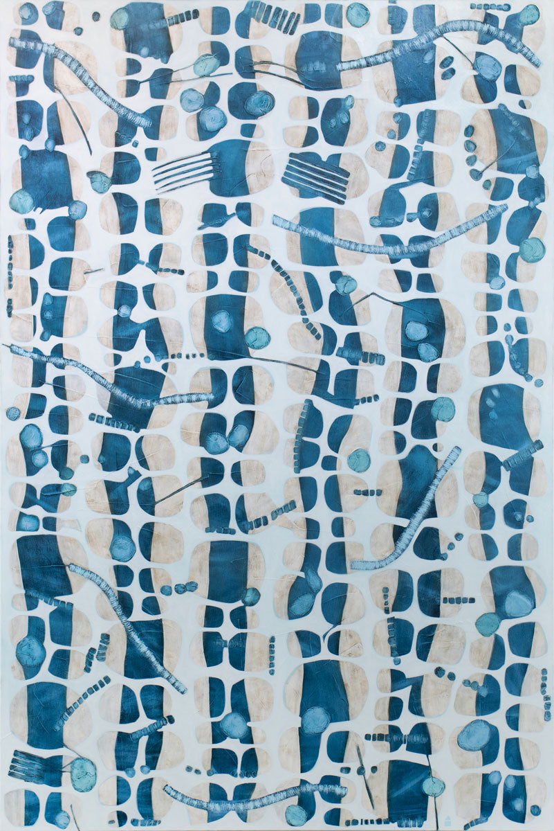 An abstract blue, white, and beige painting by Sofie Swann. 