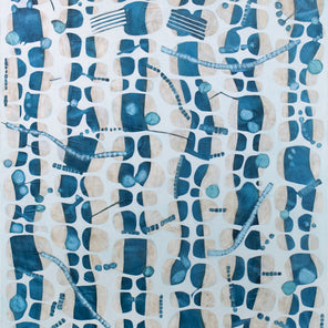 An abstract blue, white, and beige painting by Sofie Swann. 