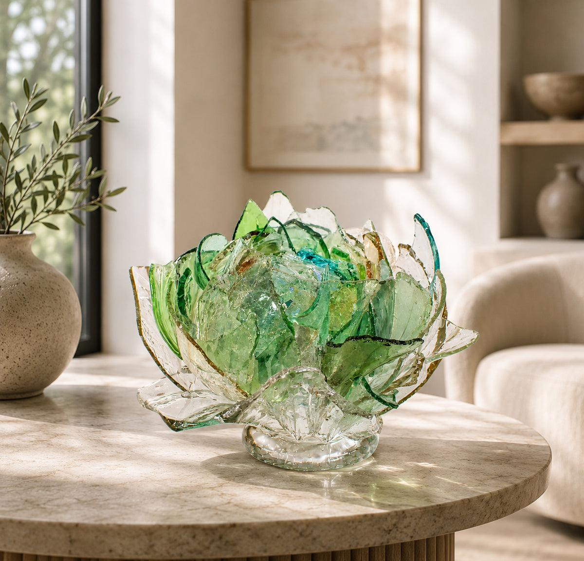 Recycled green, clear and aqua, amber Glass sculpture of a flower on a table with a blurred indoor background