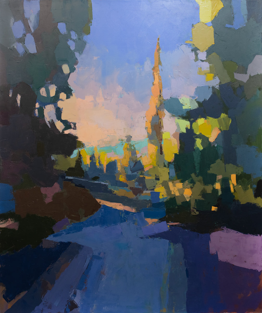 A blue and yellow abstracted landscape painting by Bri Custer. 
