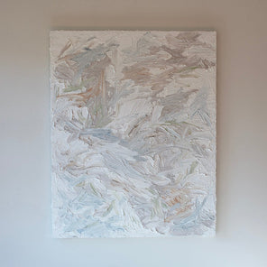 An abstract painting with thickly textured brushstrokes of beige, green, orange, and blue is hung on a gallery wall.