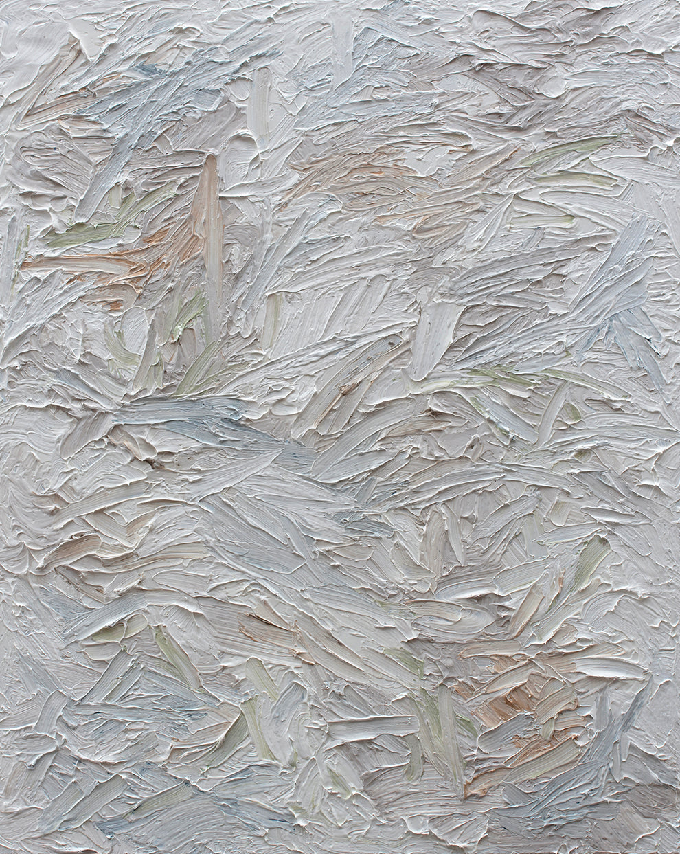 An abstract painting with thickly textured brushstrokes of beige, green, orange, and blue. Wired and ready to hang.