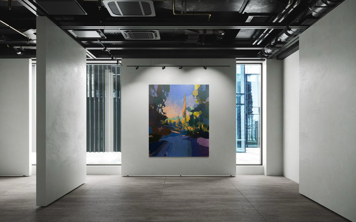 A large blue and yellow abstracted landscape painting hangs on a white wall in a gallery.
