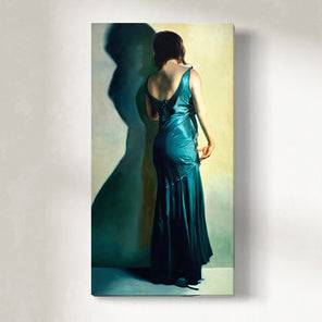 Original painting of a woman in a green dress against a neutral background