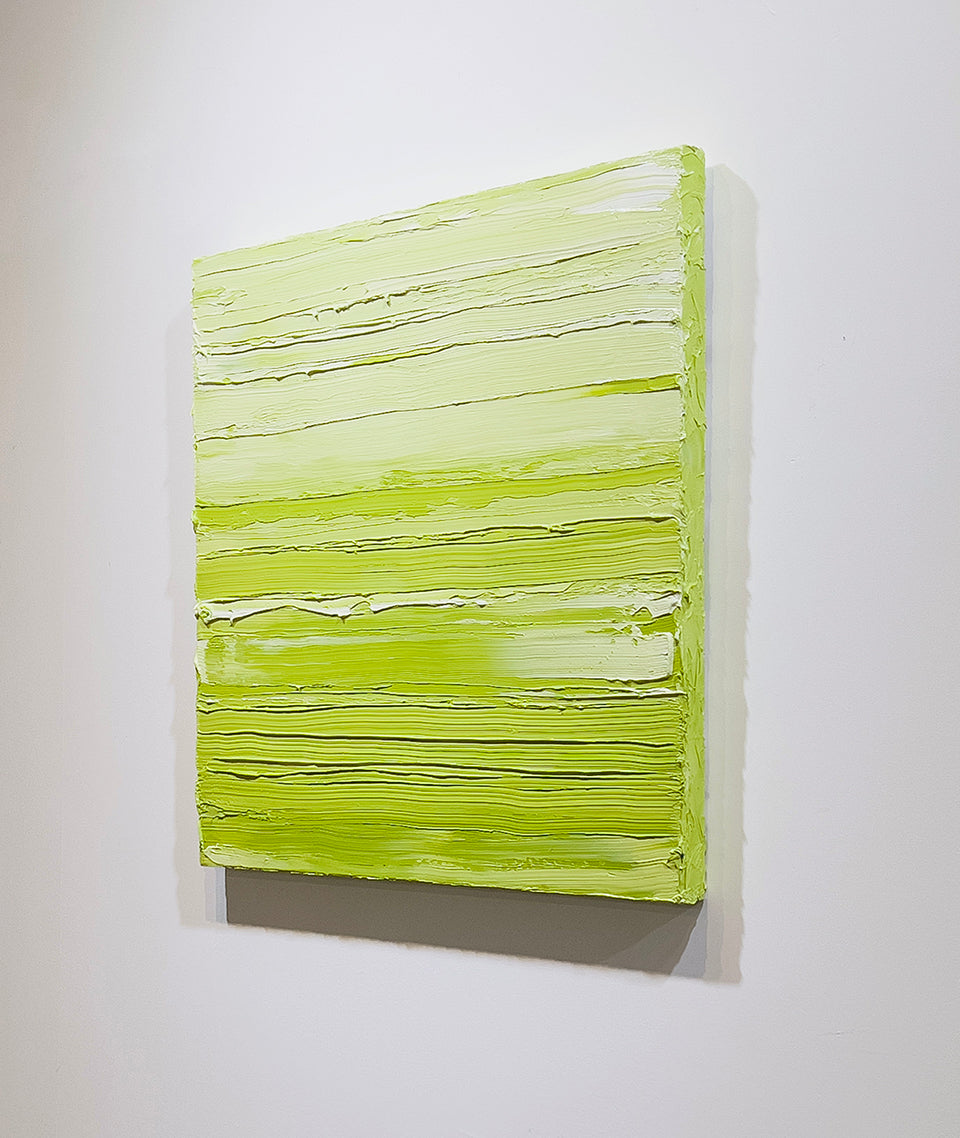 A right side-view of a textured green and white abstract painting by Teodora Guererra.