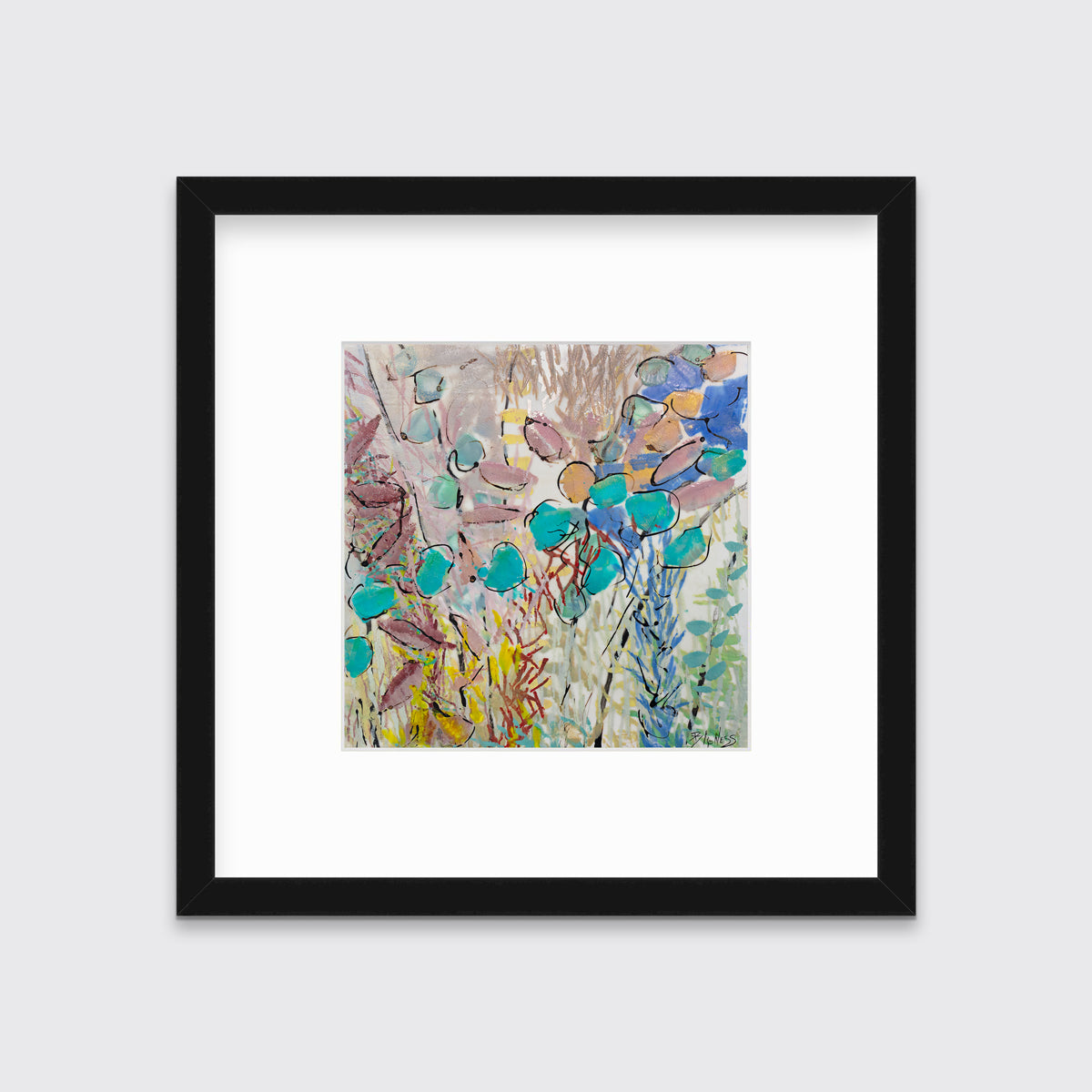A blue, pink and yellow abstract floral print in a black frame with a mat hangs on a white wall.
