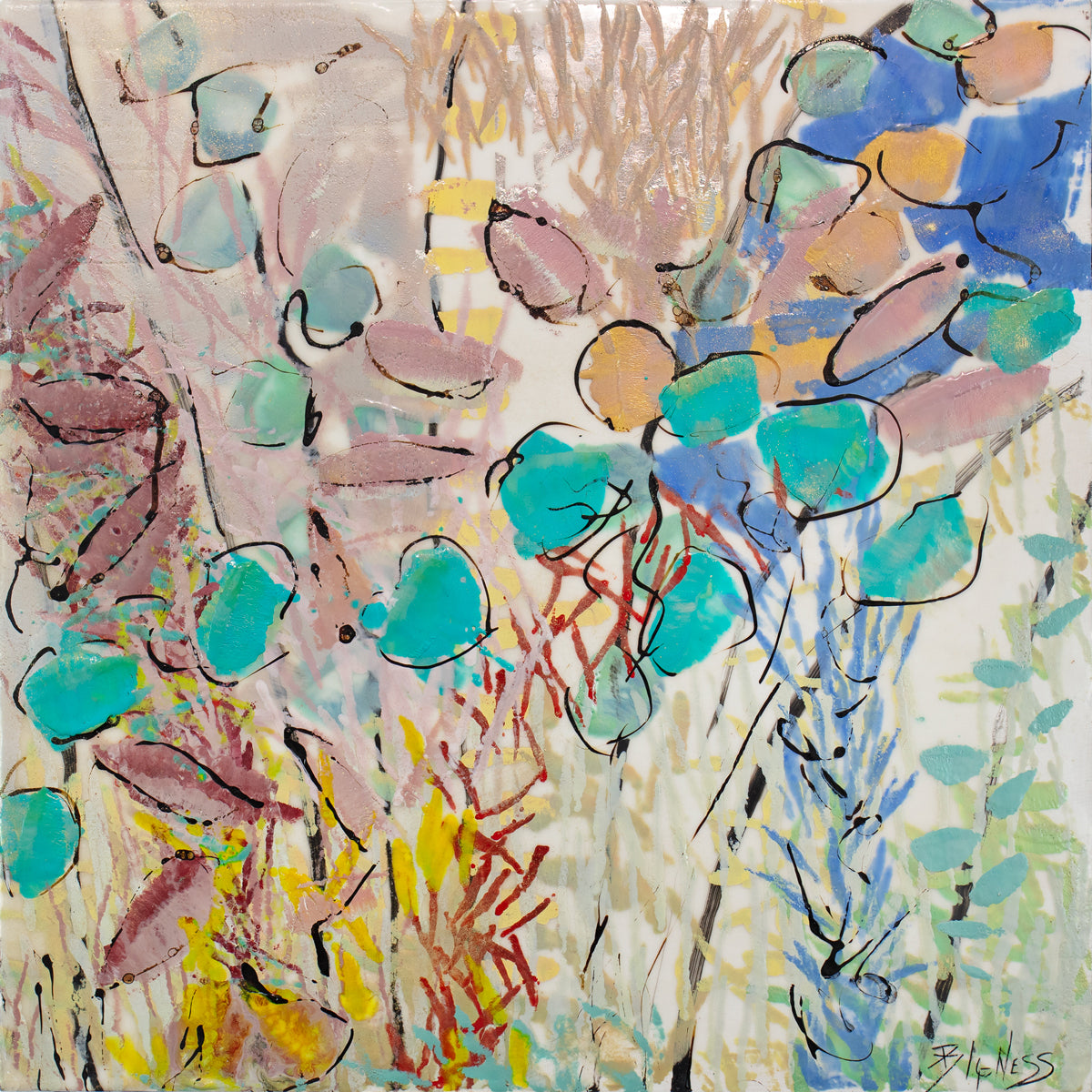 A colorful abstract painting by Linda Bigness. 