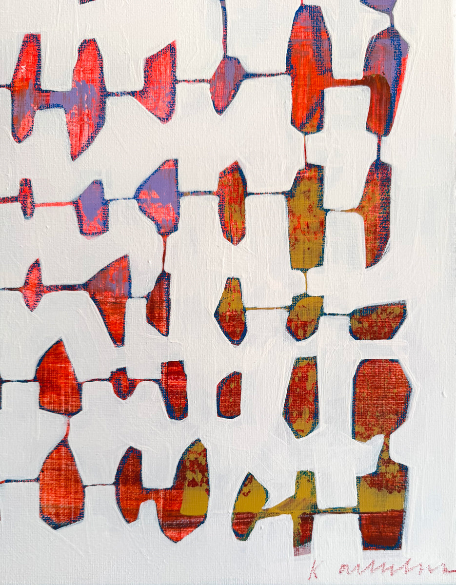 Abstract pattern with red, blue, and orange shapes on a white background.