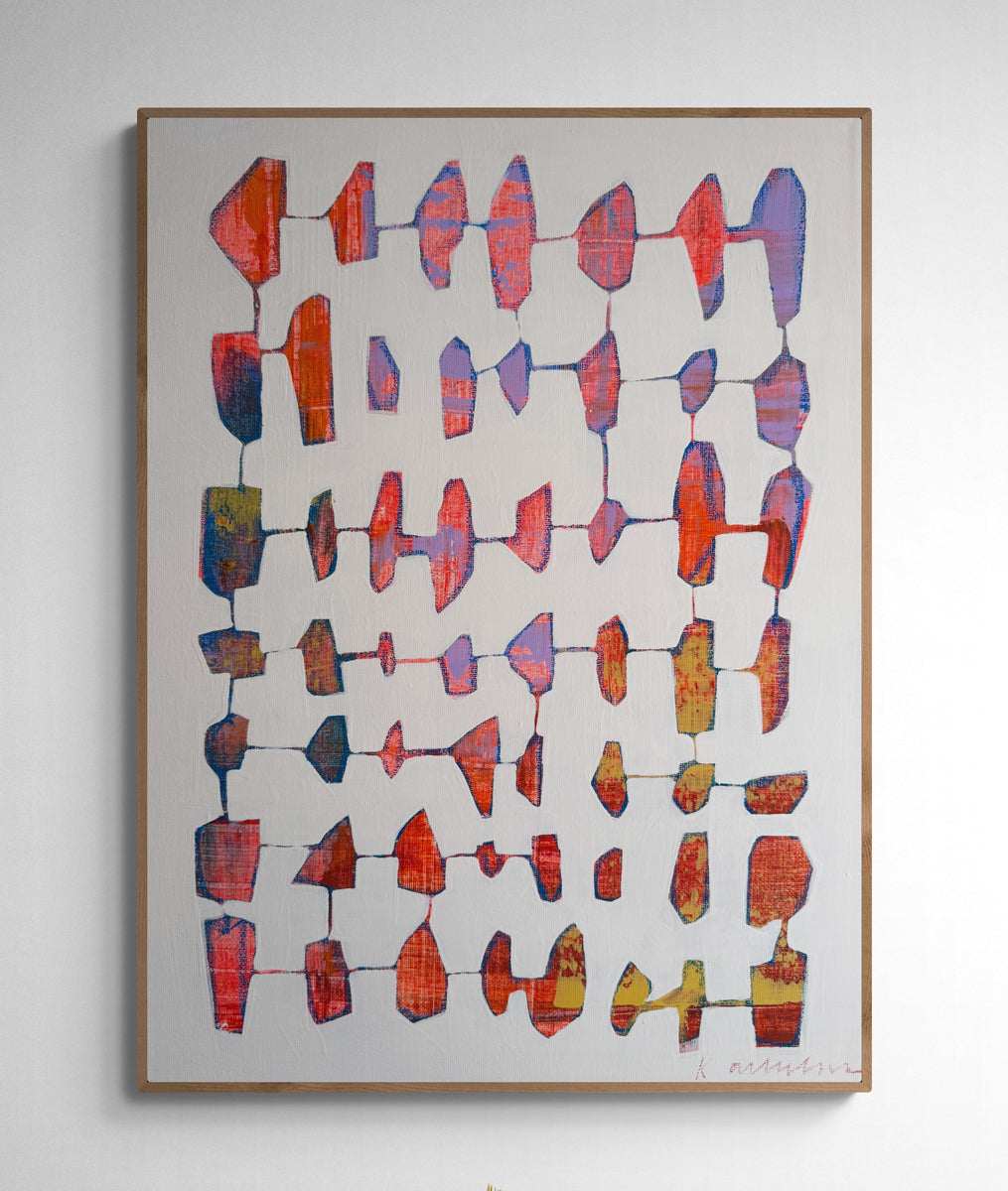 Abstract art print with geometric shapes in red, blue, and purple on a light gray background.