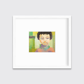 A green, coral, beige and brown abstract figural print in a white frame with a mat hangs on a white wall.