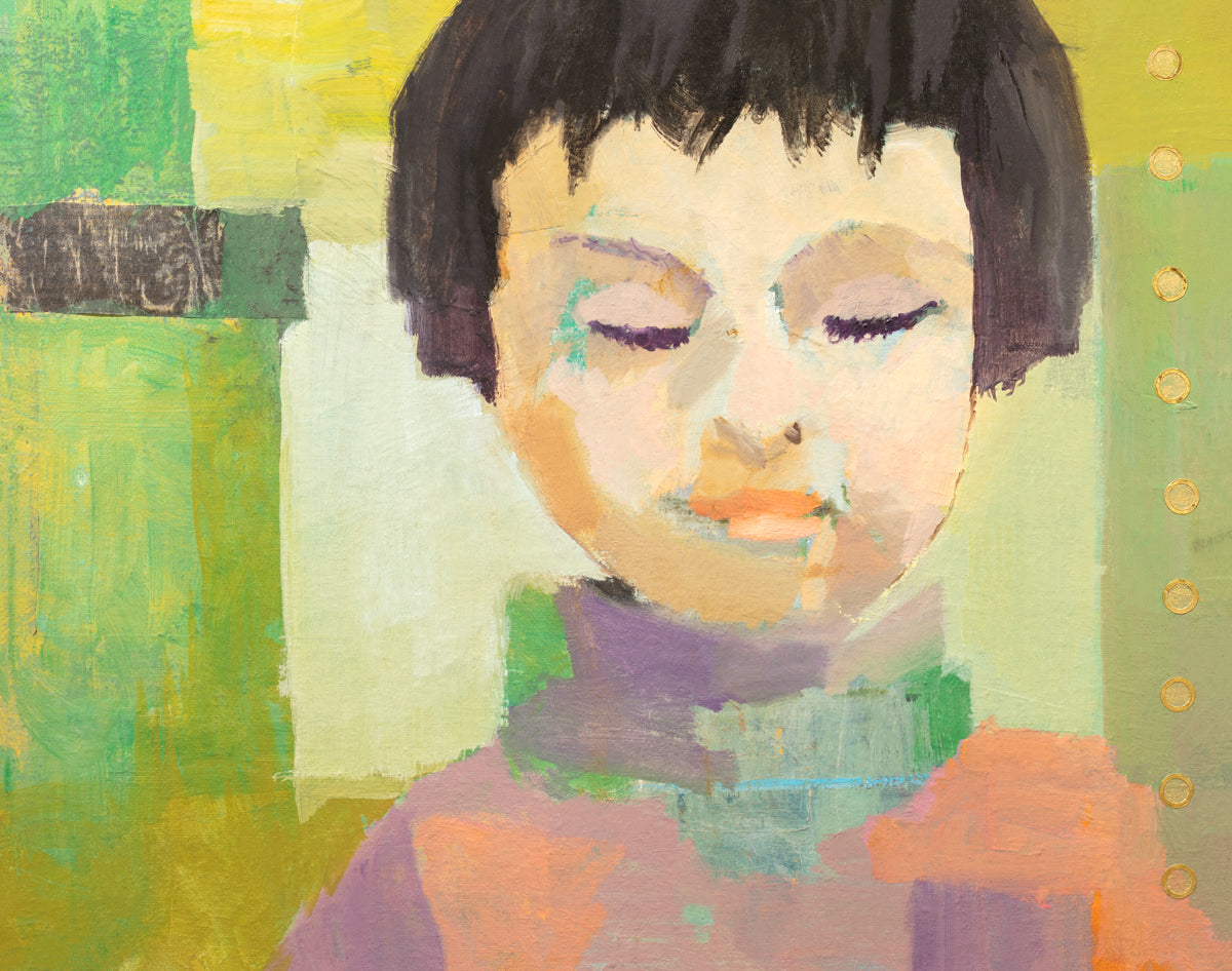 A green, coral, beige and brown abstract figural print by Christine Averill-Green.