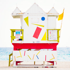 A photograph of a colorful Miami Beach lifeguard stand.