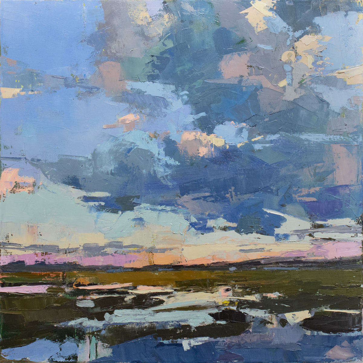A blue abstract landscape painting. 