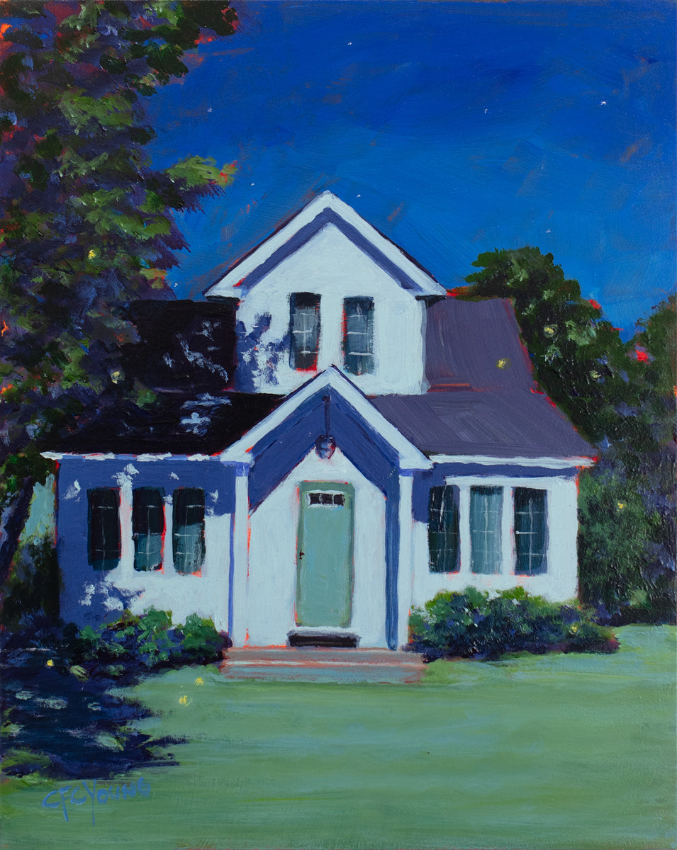 A landscape painting of a white house, lit by moonlight with a dark sky and a large tree to the left side by Carol Young.