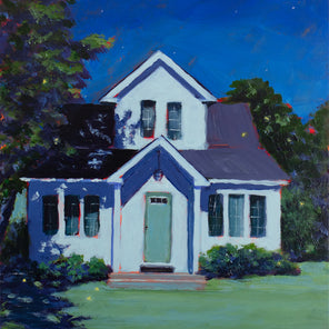 A landscape painting of a white house, lit by moonlight with a dark sky and a large tree to the left side by Carol Young.