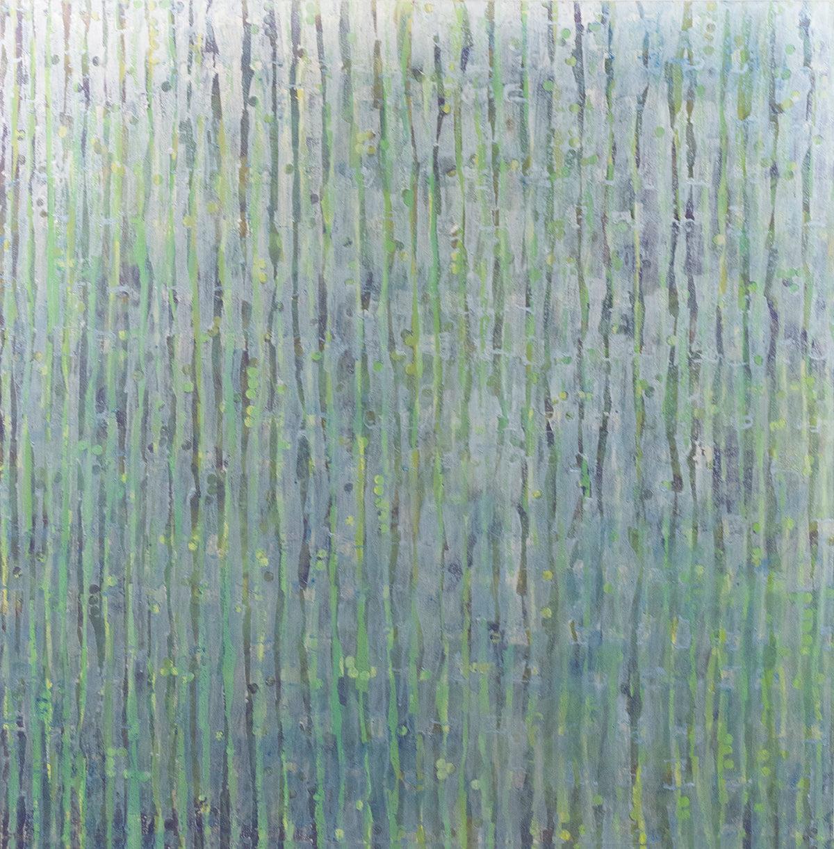 An abstract painting with purple and green undertones is striated with silver lines. The painting is suggestive of tall grass. This is wired and ready to hang.