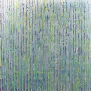 An abstract painting with purple and green undertones is striated with silver lines. The painting is suggestive of tall grass. This is wired and ready to hang.