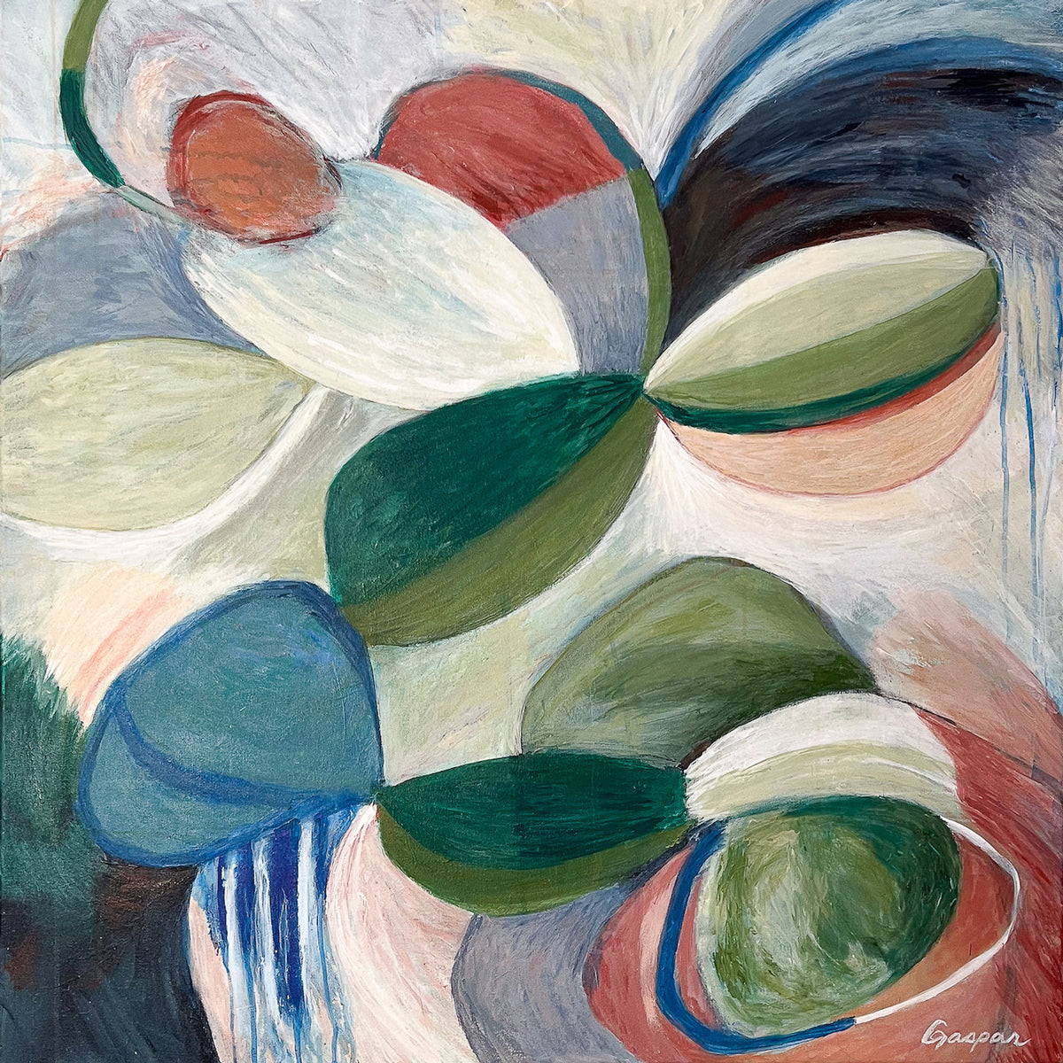 An abstract painting featuring various geometric shapes in green, blue, red, and white colors on a canvas.
