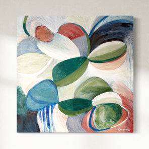 Abstract painting with colorful circular shapes on a white background