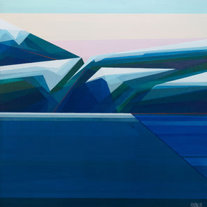 A geometric abstract painting of mountains.