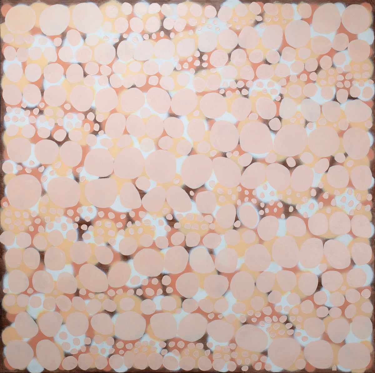 An orange, salmon, coral and pink abstract painting.